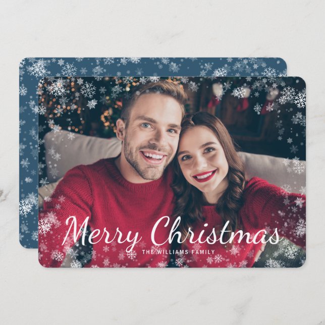 Snow Merry Christmas Photo Blue Holiday Card (Front/Back)
