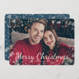 Snow Merry Christmas Photo Blue Holiday Card