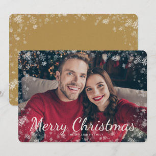 Snow Merry Christmas Photo Gold Holiday Card