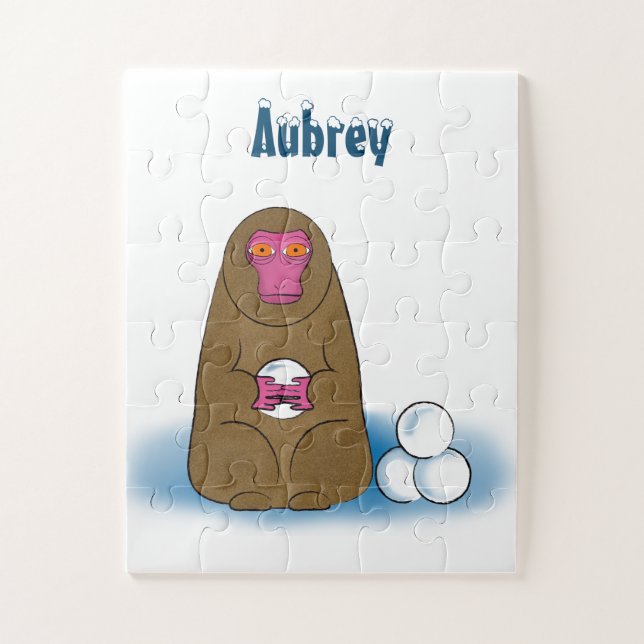 Snow Monkey Snowball Fighter Kids Personalised Jigsaw Puzzle (Vertical)