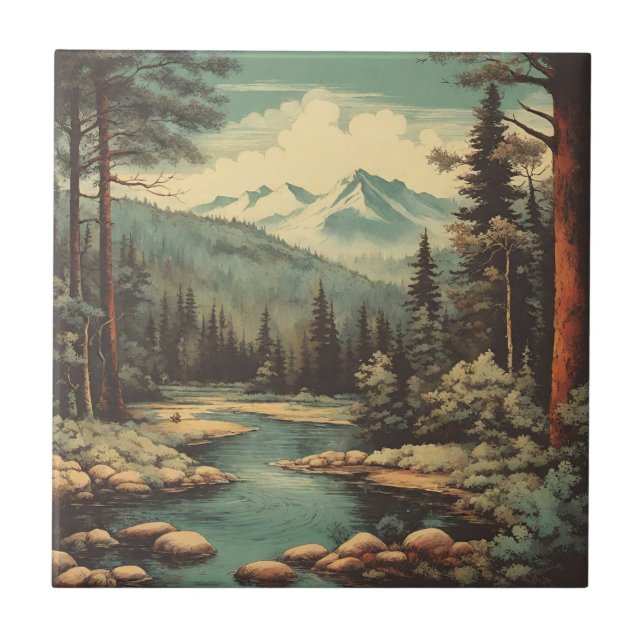Snow Mountain Forest River Rocks Landscape  Tile (Front)