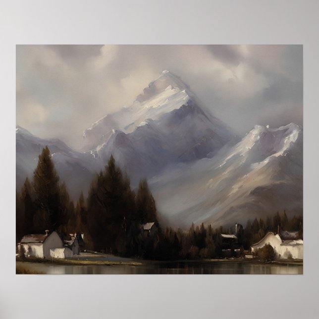 Snow mountain painting at lake - winter art poster (Front)