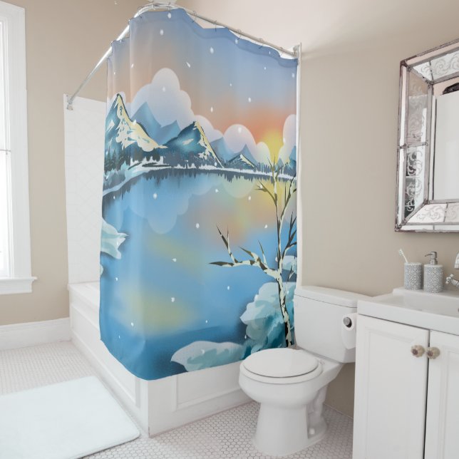 Snow Mountains Winter Scene Landscape Lake  Shower Curtain (In Situ)