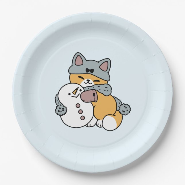 Snow Much Fun Cat Winter Holiday Design Paper Plate (Front)