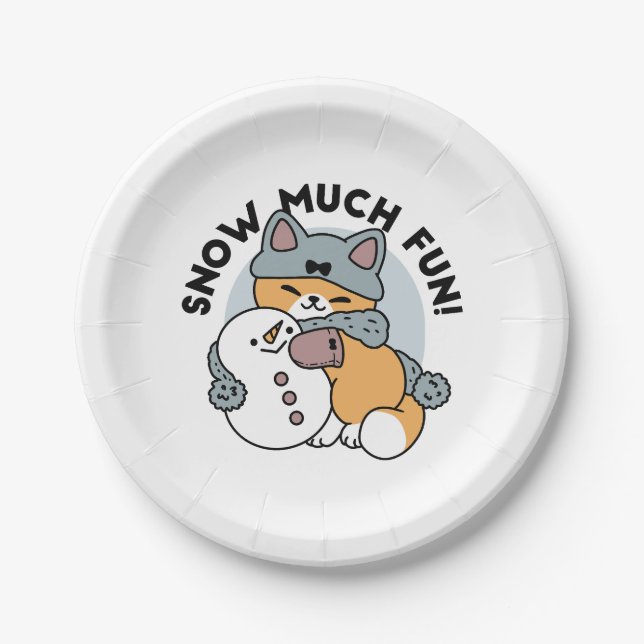 Snow Much Fun Cat Winter Holiday Design Paper Plate (Front)