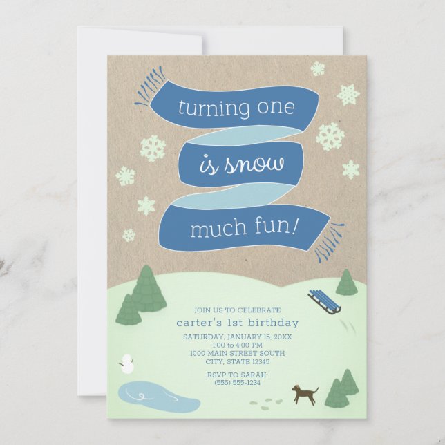 Snow Much Fun Winter Scene 1st Birthday Invitation (Front)