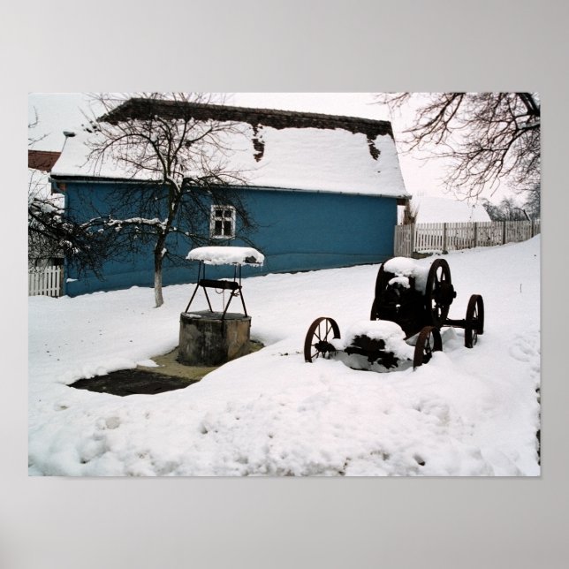 snow old house with wheel fountain poster (Front)