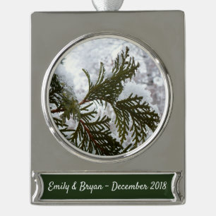 Snow on Evergreen Branches Silver Plated Banner Ornament