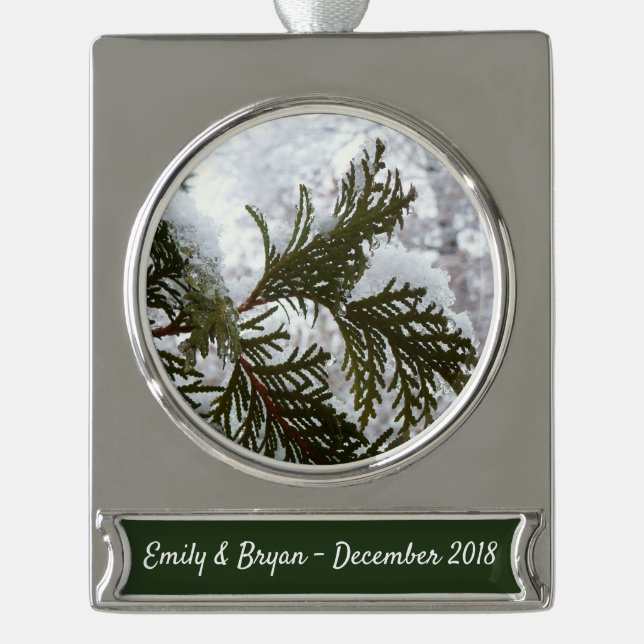 Snow on Evergreen Branches Silver Plated Banner Ornament (Front)