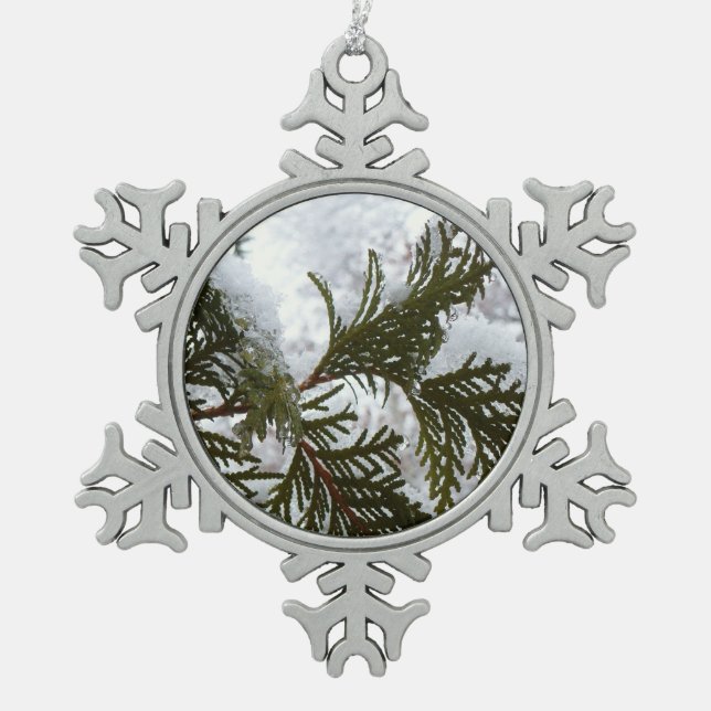 Snow on Evergreen Branches Snowflake Pewter Christmas Ornament (Front)
