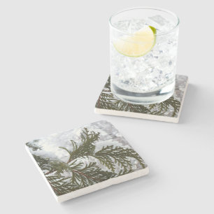 Snow on Evergreen Branches Stone Coaster