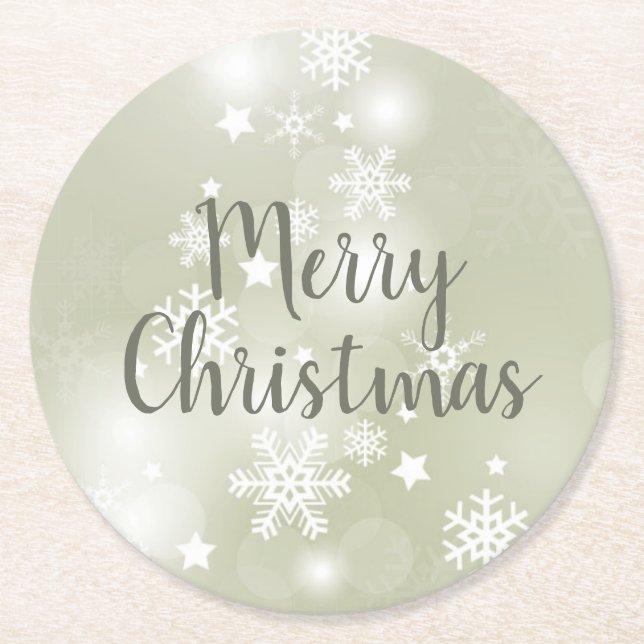 Snow on Sage Elegant Abstract Watercolor Round Paper Coaster (Front)