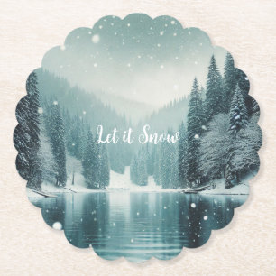 Snow on the winter, mountain lake paper coaster