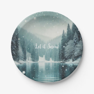 Snow on the winter, mountain lake paper plate
