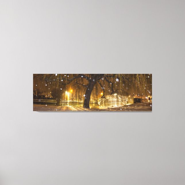 Snow on Willow and Chinese Bridge, Godmanchester. Canvas Print (Front)