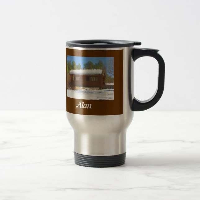 "Snow On Woodland Lake Bridge" Travel/Commuter Mug (Right)