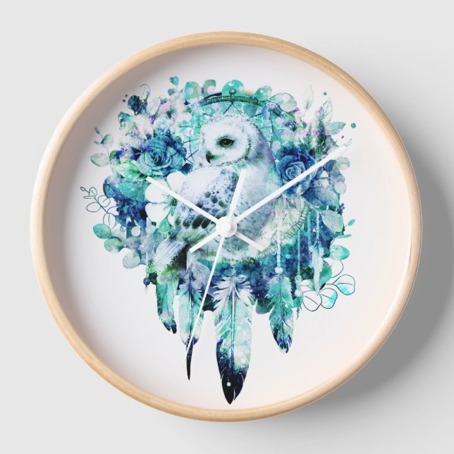 Snow Owl Dreamcatcher Green and Teal Blue Floral Clock (Front)
