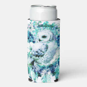 Snow Owl Dreamcatcher Green and Teal Blue Floral Seltzer Can Cooler