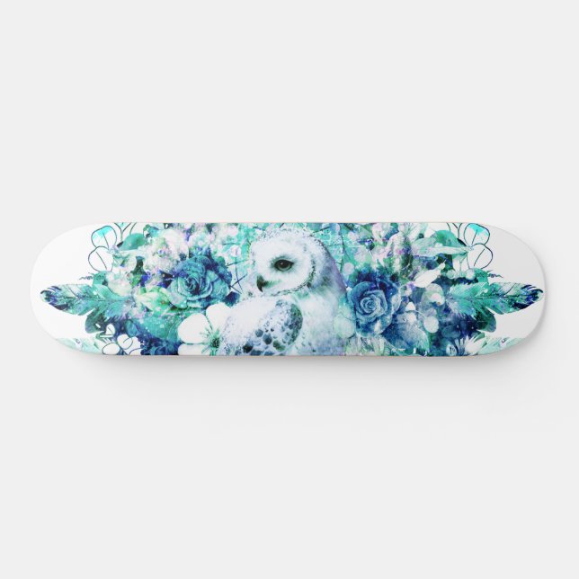 Snow Owl Dreamcatcher Green and Teal Blue Floral Skateboard (Horz)