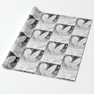 snow owl flying under the stars wrapping paper