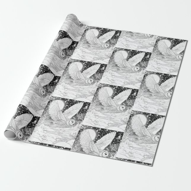 snow owl flying under the stars wrapping paper (Unrolled)