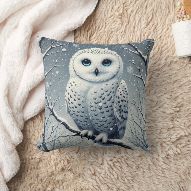 Snow Owl Perched on Snowy Branch  Cushion (Blanket)