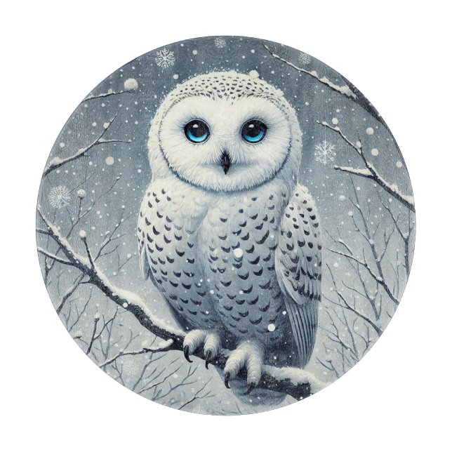 Snow Owl Perched on Snowy Branch  Cutting Board (Front)