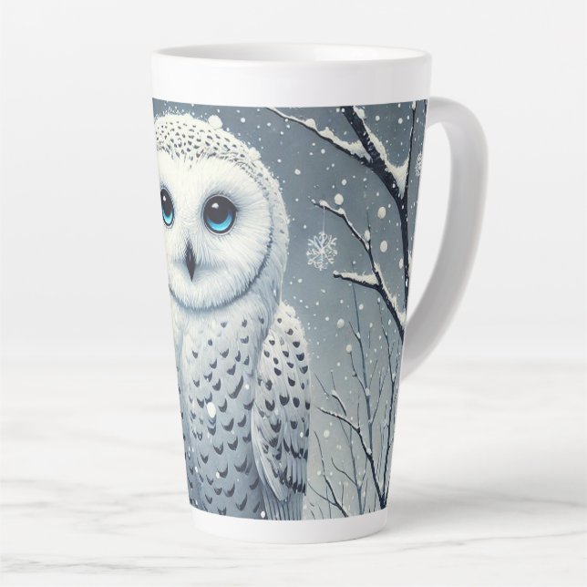 Snow Owl Perched on Snowy Branch  Latte Mug (Right Angle)
