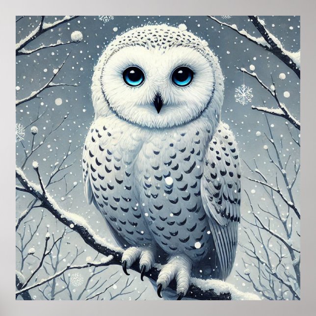 Snow Owl Perched on Snowy Branch  Poster (Front)