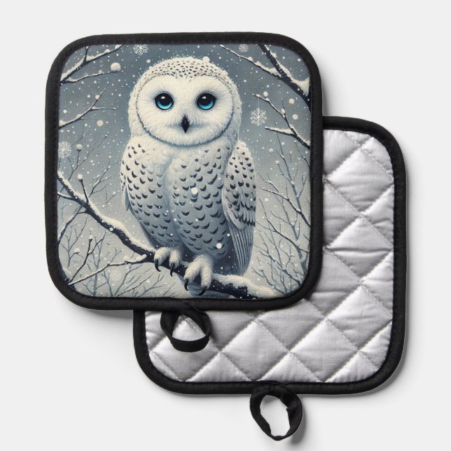 Snow Owl Perched on Snowy Branch  Pot Holder (Front/Back)