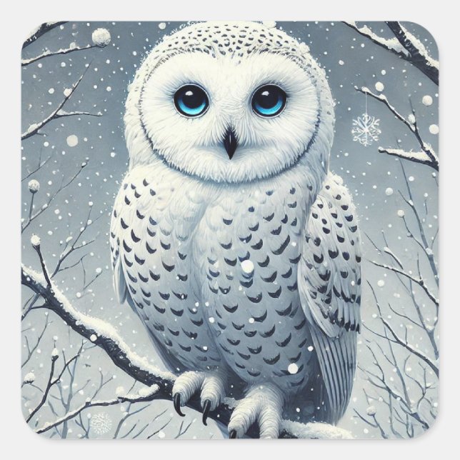 Snow Owl Perched on Snowy Branch  Square Sticker (Front)