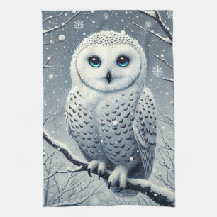 Snow Owl Perched on Snowy Branch Tea Towel