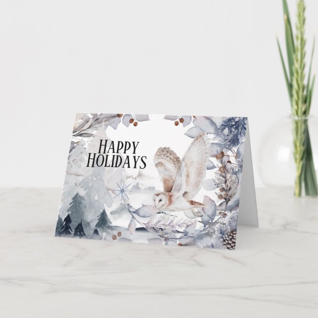 Snow owl winter woodland landscape festive card (Front)