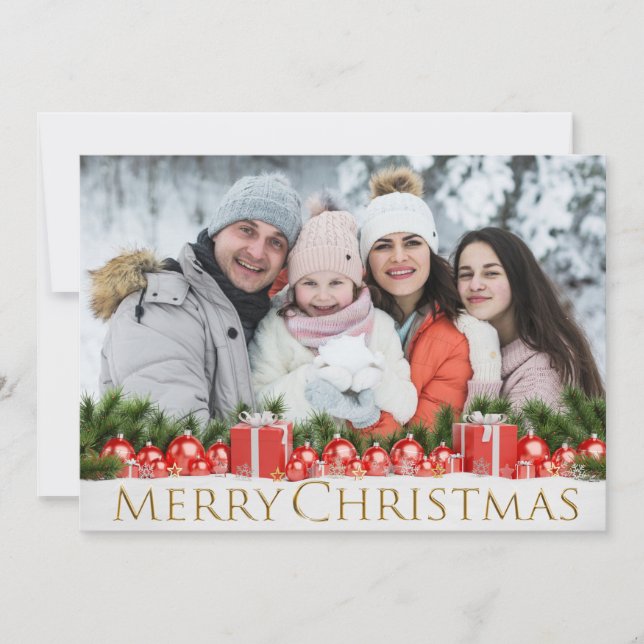 Snow Packages Gold Merry Christmas Wintery Photo Holiday Card (Front)