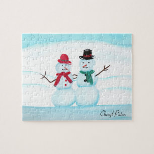Snow People Couple Waving Hi, Jigsaw Puzzle