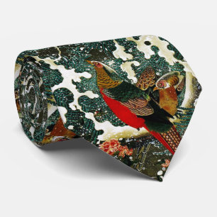 Snow Pheasants ,Pine Tree,Roses,Japanese Floral  Tie
