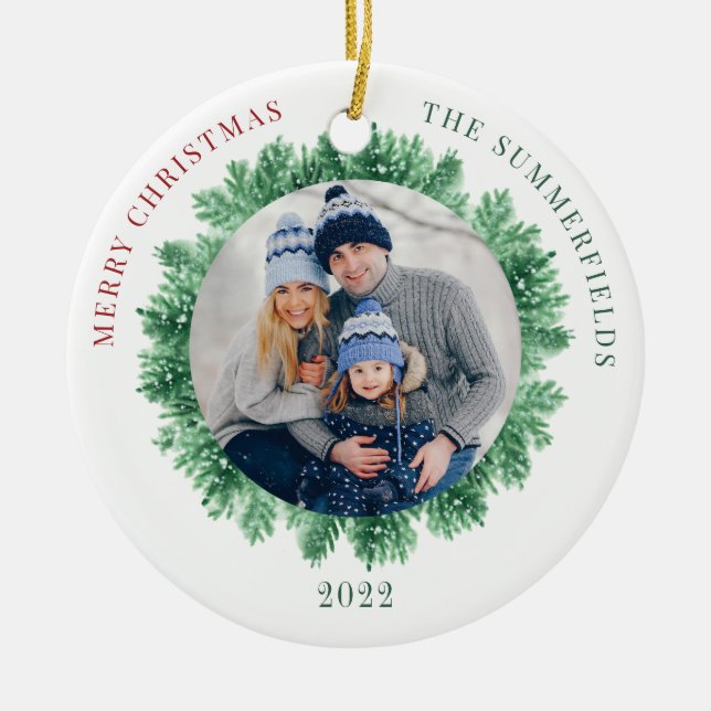 Snow Pine and Family Photo Christmas Holiday Ceramic Tree Decoration (Front)