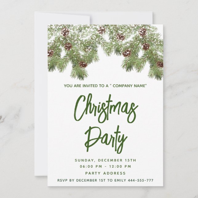 Snow pine branch holiday party corporate invitation (Front)