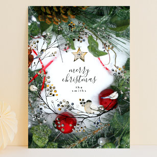 Snow Pine Cones Holly Merry Christmas Photo Holiday Card