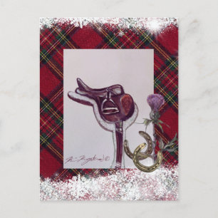 snow , plaid and equestrian theme, features saddle postcard