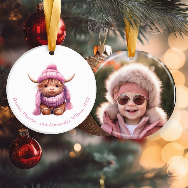 Snow Play Pink Highland Cow Christmas Ornament (Creator Uploaded)