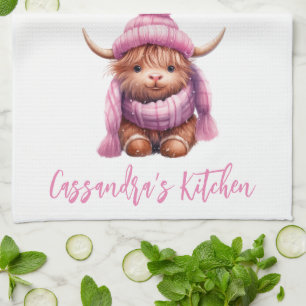 Snow Play Pink Highland Cow Kitchen Towel