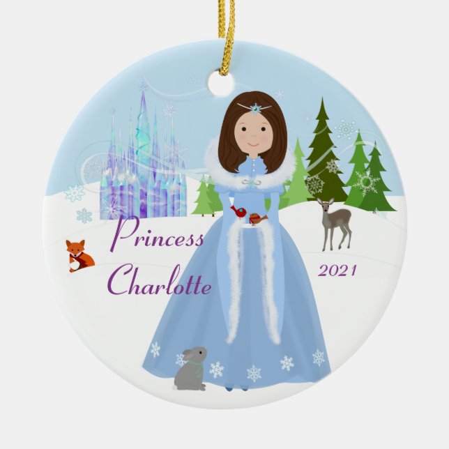 Snow Princess With Brown Hair Ceramic Tree Decoration (Front)