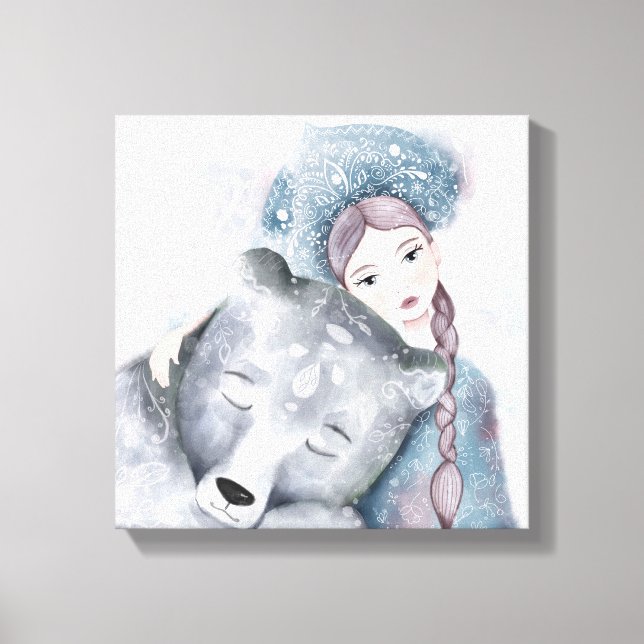 Snow Queen and Polar Bear in Soft Watercolor Canvas Print (Front)