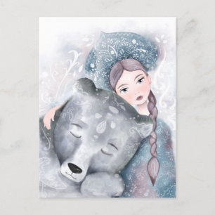 Snow Queen and Polar Bear in Soft Watercolor Postcard