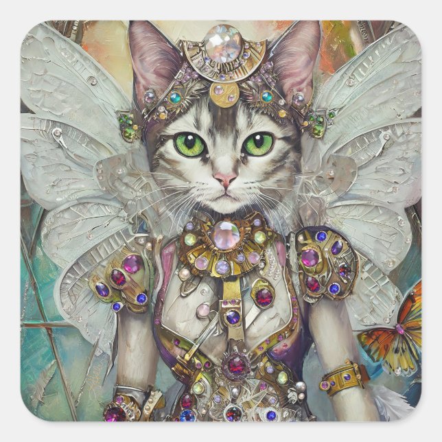 Snow Queen Cat of the Butterfly Wing Brigade Square Sticker (Front)