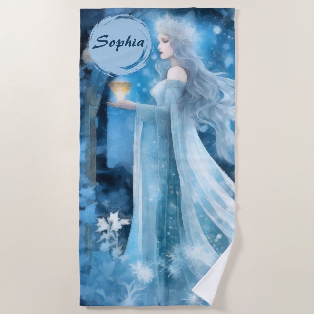 Snow Queen Fantasy Art – Mystical Winter Goddess Beach Towel (Front)