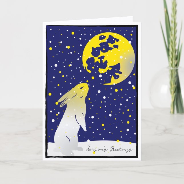 Snow Rabbit Full Moon Winter Holiday Card (Front)