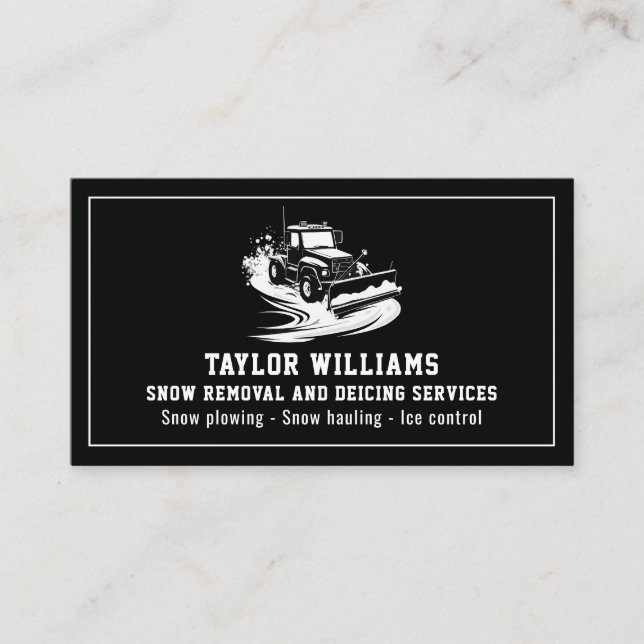 Snow Removal Services Snowplowing Black And White Business Card (Front)