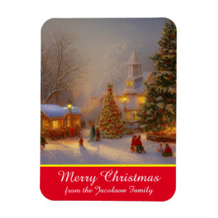 Snow Scene Christmas Trees In Quaint Village Magnet